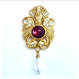 Vintage Jeff Lieb Signed Purple Cabochon Rhinestone Gold Tone Large Brooch Pin